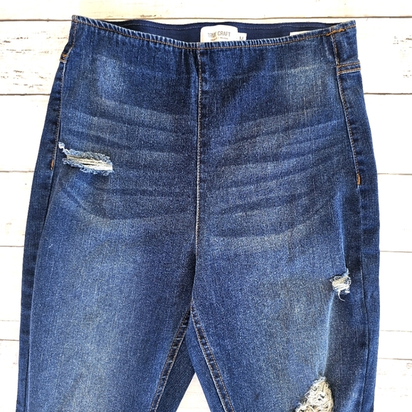 True Craft Dark Distressed Denim High Rise Flare Jeans Pull on Elastic Waistband - Picture 3 of 7